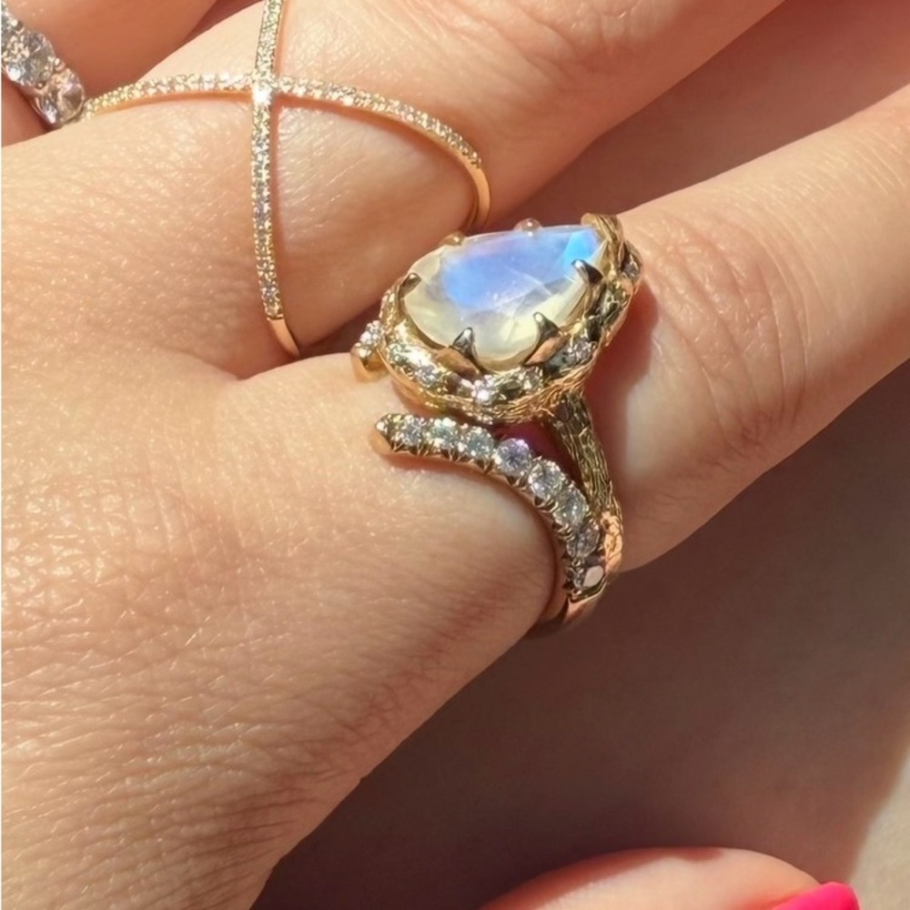 Logan Hollowell Classic Queen Water Moonstone Ring and Gold Tusk Ring